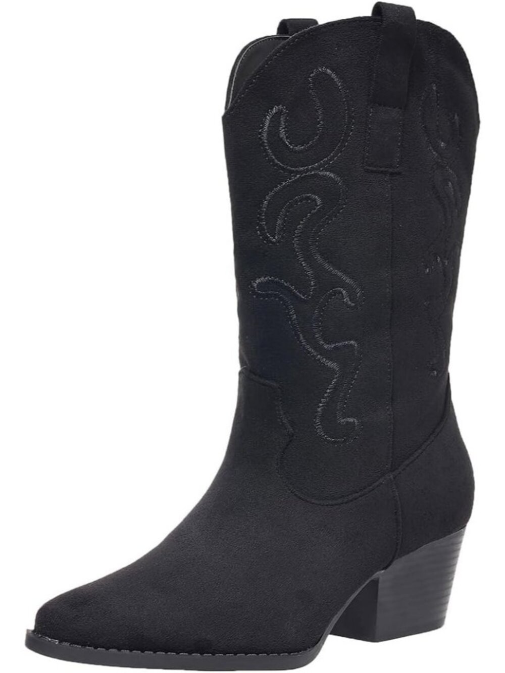 Women's Black Western-Inspired Chunky Heel Mid Calf Embroidered Cowgirl Boots